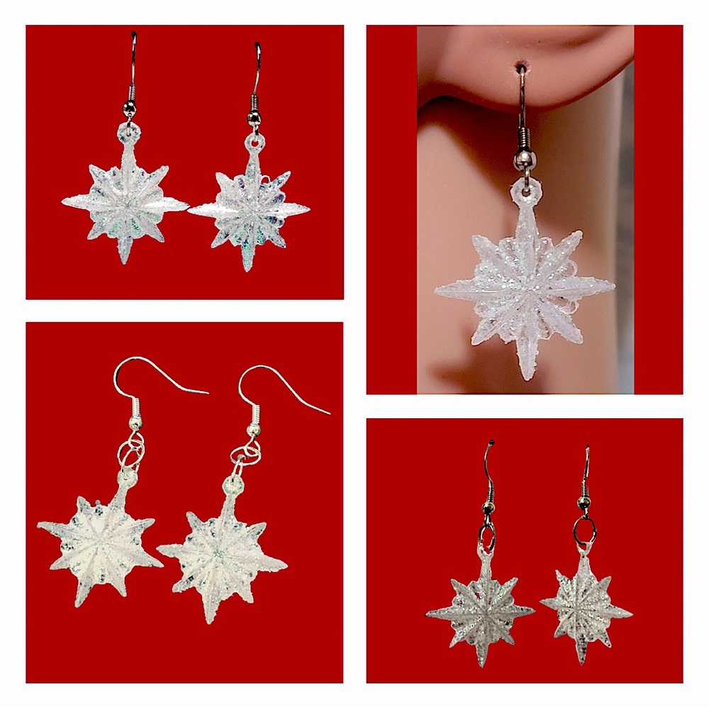 White Iridescent Snowflake Charm Earrings